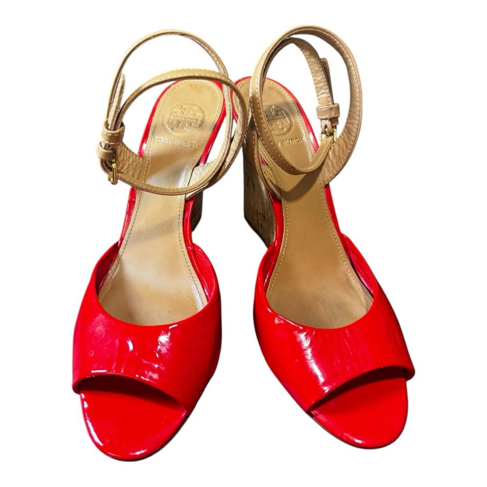 Tory Burch Red Patent Leather Strappy Cork Wedge Sandals Size 8